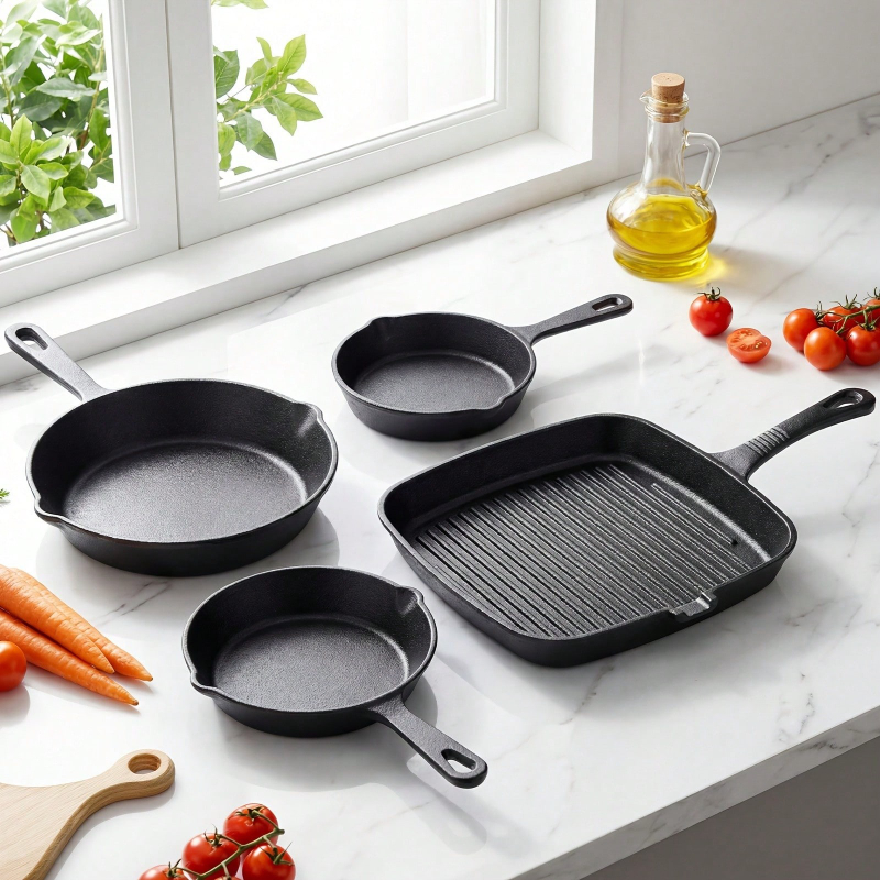 Cast Iron Skillet - 4ピース鋳鉄製フライパンセット ノンスティック加工 オーブン対応 キャンプ ピクニック ホリデーに最適