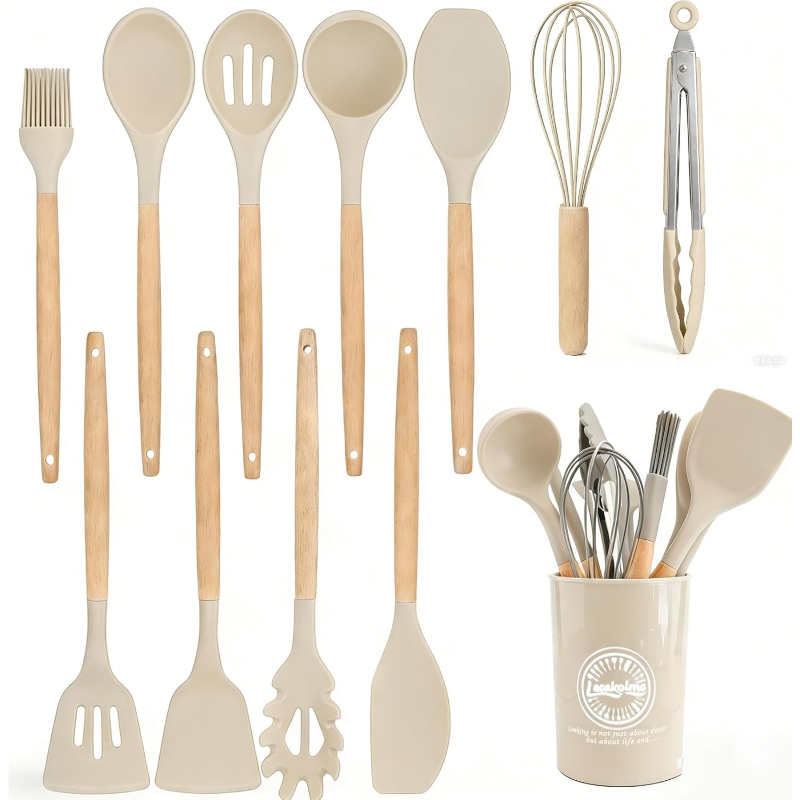 Kitchen Gadgets And Utensils - 木製ハンドルシリコン製キッチンツールセット14点、ノンスティック調理器具、収納バケツ付き調理器具オーガナイザーセット