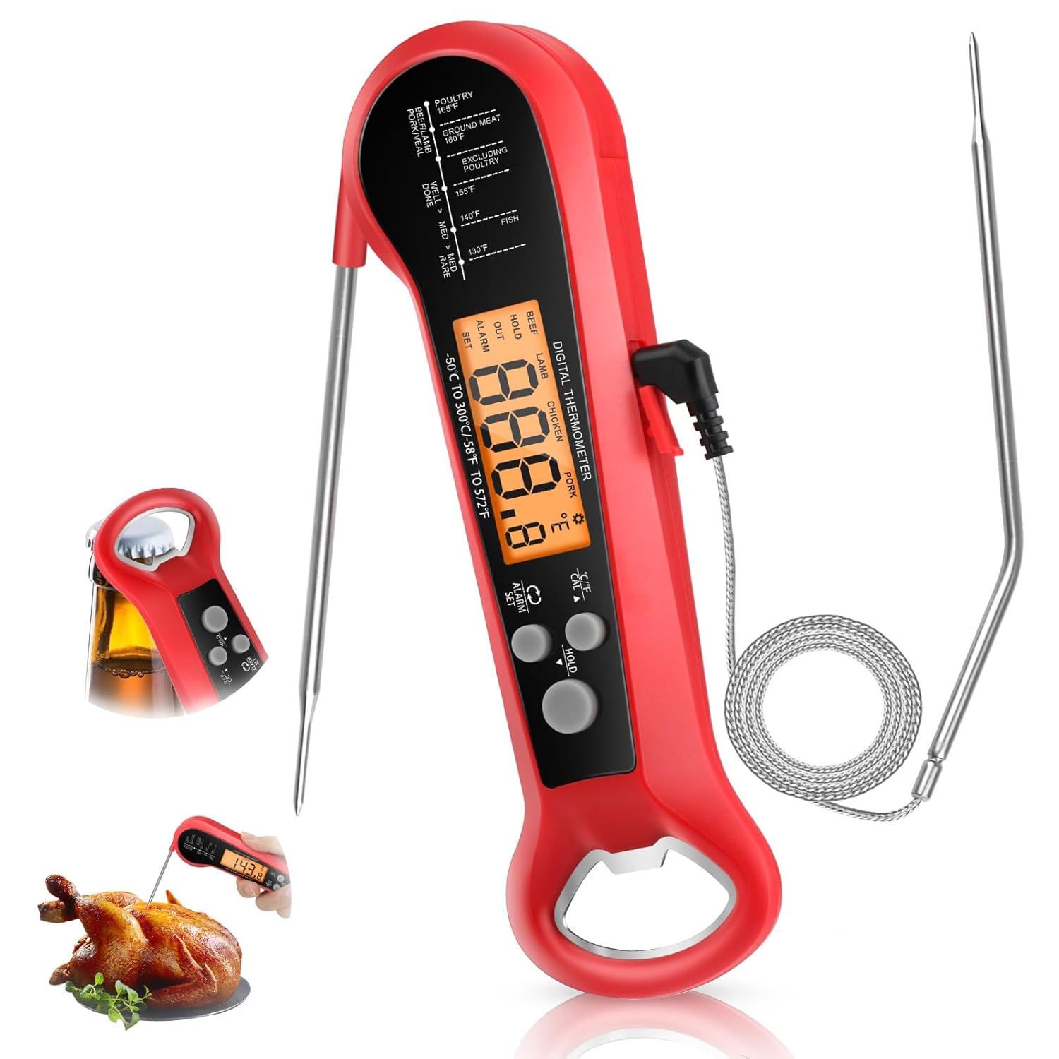 Instant Read Thermometer - プロ仕様デジタル肉用温度計 防水仕様 2つのプローブ付き 長ケーブル インスタント読み取り キッチン調理用食品温度計
