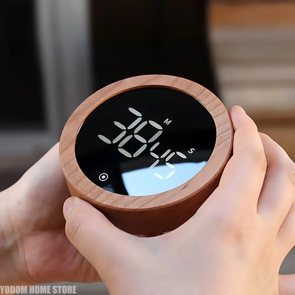 Kitchen Gadgets Electronic - LED電子回転式木目調タイマー、丸型カウントダウンデバイス、キッチン調理用家庭用ガジェット、時間管理用