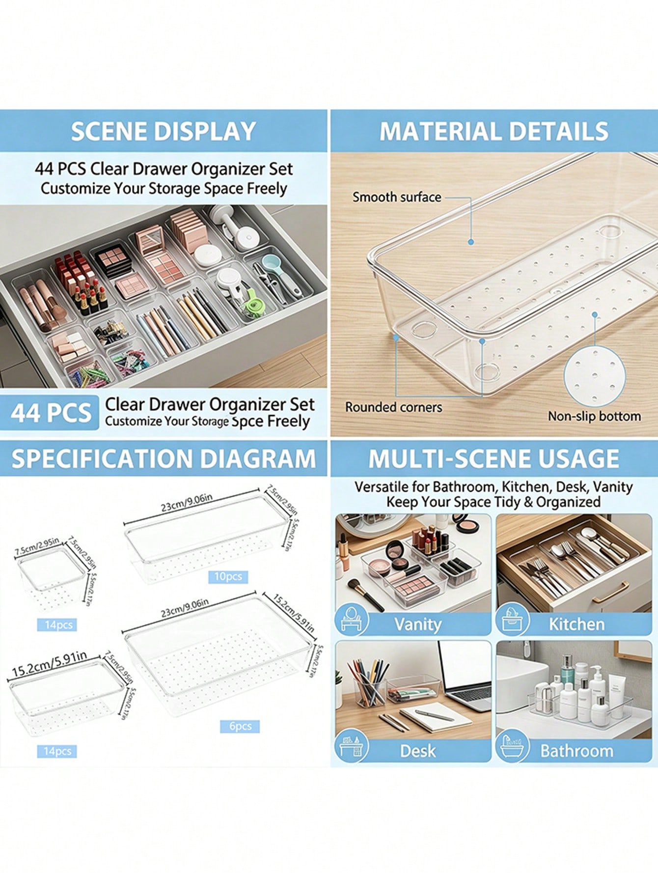13/25/44個入りクリアプラスチック製引き出しオーガナイ - Kitchen Gadgets And Utensils のレビューと価格
