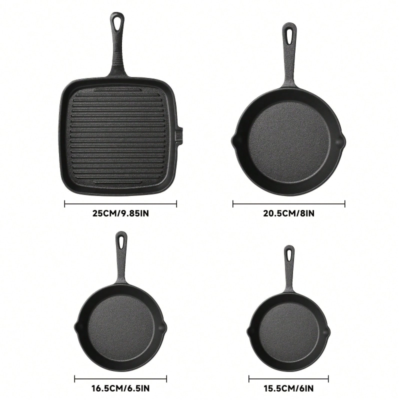 4ピース鋳鉄製フライパンセット ノンスティック加工 オーブン - Cast Iron Skillet のレビューと価格