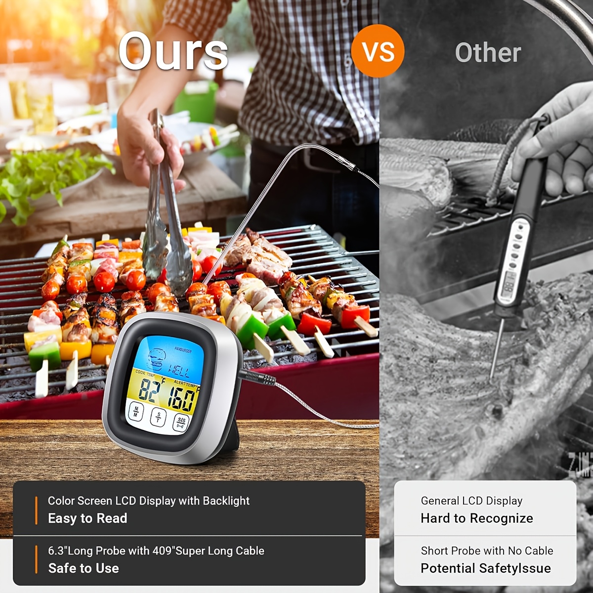 デジタル肉用温度計 BBQ タイマー 調理器具 ロングプロー - Instant Read Thermometer のレビューと価格